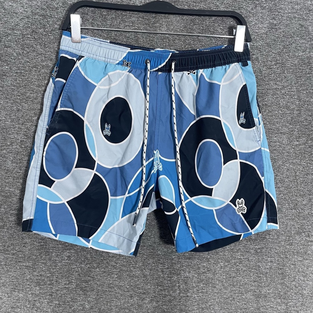 Psycho Bunny Swim Shorts Mens Small Blue Geometric Trunks Lined Quick Dry